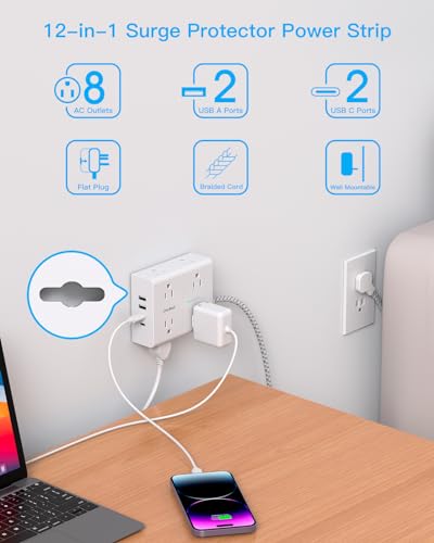 One Beat Power Strip 15 FT 8 AC Outlets 4 USB Ports Model 1 Rectangular White & Grey Surge Protector
