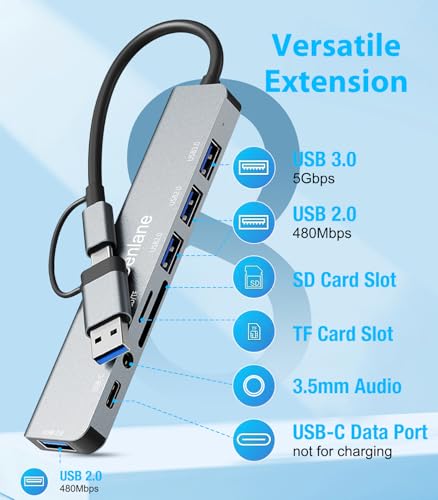 Denlane USB C Hub 8-in-2, USB 3.0, Aluminum Enclosure, for Desktops, Laptops, Tablets & Smartphones