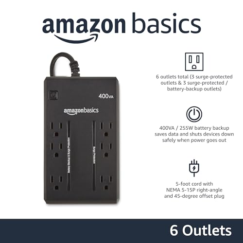 Amazon Basics UPS - 400 VA, 255 Watts, Compact Size, Black, 6 Outlets, NEMA
