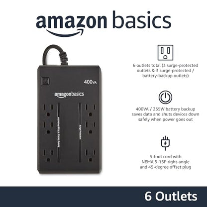 Amazon Basics UPS - 400 VA, 255 Watts, Compact Size, Black, 6 Outlets, NEMA