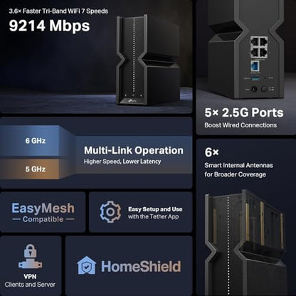 TP-Link Archer BE550 Tri-Band WiFi 7 Router - 6 Internal Antennas, 9300 Mbps Data Transfer, 2.5G WAN/LAN Ports, Coverage up to 2000 sq. ft.