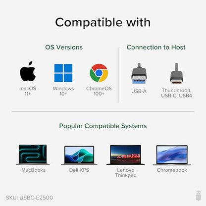 Plugable 2.5G USBC-E2500 USB-C to Ethernet Adapter – 2.5Gbps Dual-Connector Adapter Compatible with Thunderbolt 5 & 4, USB4, USB 3.0, Windows, Mac, ChromeOS, iPhone 15 & 16