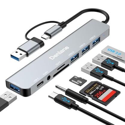 Denlane USB C Hub 8-in-2, USB 3.0, Aluminum Enclosure, for Desktops, Laptops, Tablets & Smartphones