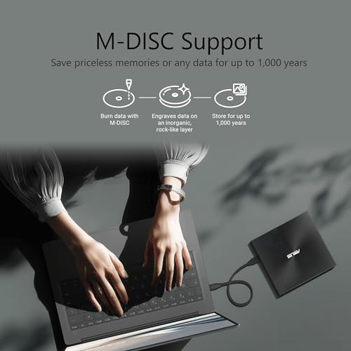 ASUS SDRW-08U3M-U/BLK/G/AS/P2G External Ultra Slim Portable DVD Writer, USB 3.2 Gen2x1 Type-C, Compatible with Windows 11, 10, 8/8.1 and macOS