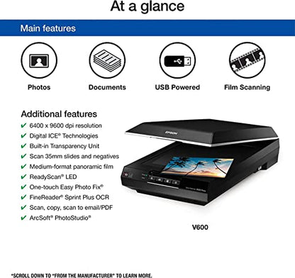 Epson V600 Photo Flatbed Scanner, 9600 dpi, USB Wired, Black, Compact Design
