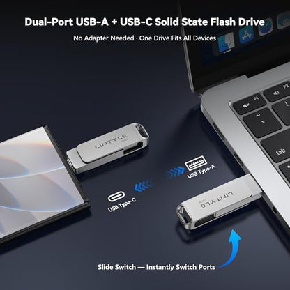 LINTYLE 128GB External SSD NAND Flash Drive, 450MB/s Read Speed, USB 3.2 Gen 1, Dual Connector: USB Type-C & Type-A, Silver, External Storage Device