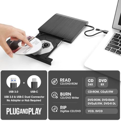 ROOFULL Portable USB 3.0 Type-C External Optical Drive ECD829-Y-BB