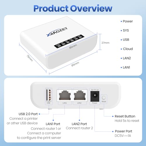 Xiiaozet LK100EW Wireless USB Server, Compatible with Ethernet and Wi-Fi Network, 4.53 x 3.35 x 2.76 in, 8.5 oz