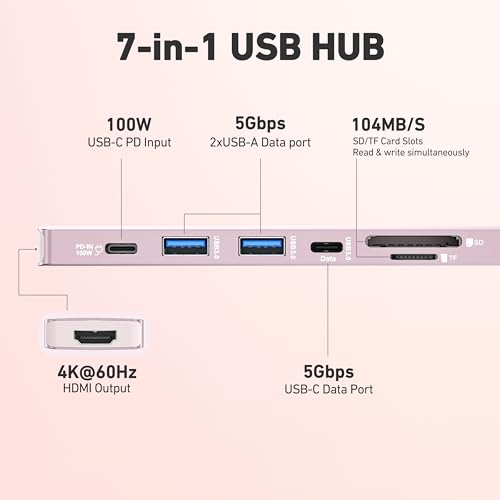 BENFEI 7-in-1 USB C Hub 000395pink 4K 60Hz USB Hub