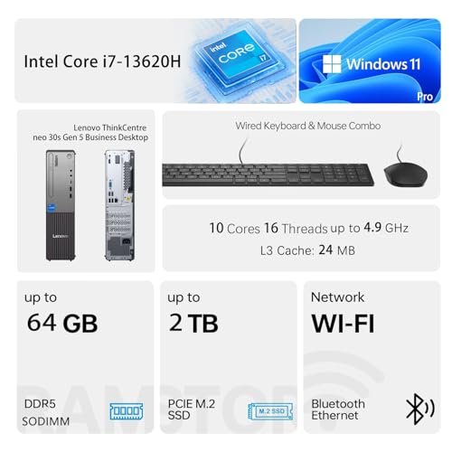 Lenovo ThinkCentre neo 30s Tower Computer 13th Gen i7-13620H 16GB DDR5 512GB SSD 4K HDMI