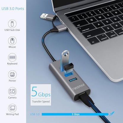 TWOPAN 3-Port USB 3.0 Hub with Ethernet Adapter, Model T3-L, Aluminum Construction, Compatible with Mac and Windows