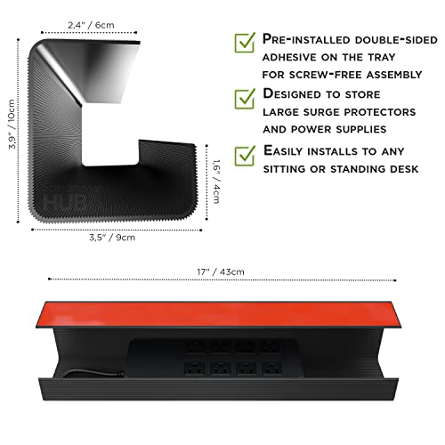 Scandinavian Hub Under Desk Cable Management Tray, 2 Pack, Self-Adhesive, Black