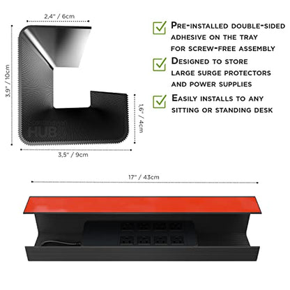 Scandinavian Hub Under Desk Cable Management Tray, 2 Pack, Self-Adhesive, Black