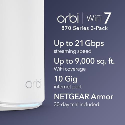 NETGEAR Orbi 870 Series Tri-Band WiFi 7 Mesh System (RBE873) - Router + 2 Satellite Extenders, Security Features, Up to 21 Gbps, Covers Up to 9,000 Sq. Ft., Supports 150 Devices