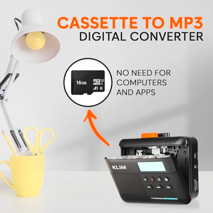 KLIM 4.76 x 3.61 x 1.56 inches Cassette Player Model K7 - Portable - Rechargeable - 16GB SD Card Included