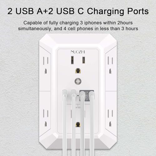 NUOZHI 6 Outlets Power Strip with 4 USB Ports 1680J Surge Protection White