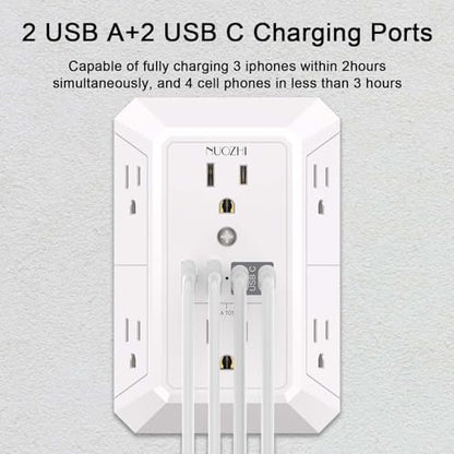 NUOZHI 6 Outlets Power Strip with 4 USB Ports 1680J Surge Protection White