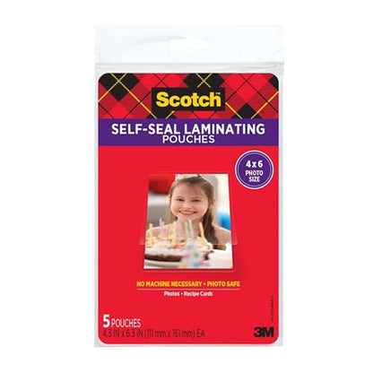 Scotch 5 Pack Self-Sealing Laminating Pouches PL900G-SR Photo Size 4 x 6 Inches Clear Gloss Finish