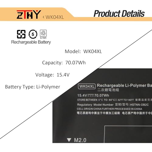 ZTHY 70.07Wh WK04XL Lithium Polymer Battery 15.4V for HP Laptops