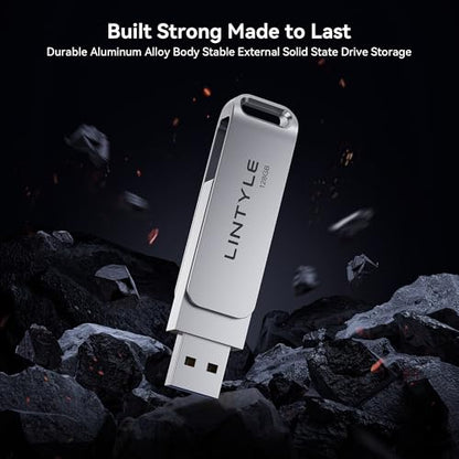 LINTYLE 128GB External SSD NAND Flash Drive, 450MB/s Read Speed, USB 3.2 Gen 1, Dual Connector: USB Type-C & Type-A, Silver, External Storage Device