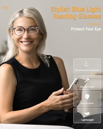 JOLISU 5 Count Reading Glasses 2 Diopters Round Full Rim Plastic Frame Black, Transparent, Leopard, Tortoise, Orange