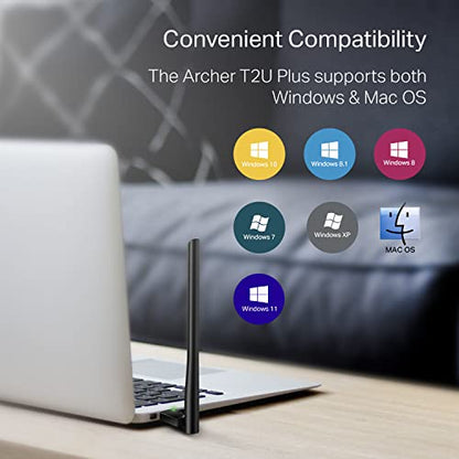 TP-Link 2.28" x 0.71" x 6.83" Archer T2U Plus USB WiFi Adapter USB 600 Mbps Windows 7 and Above, MacOS 10.9 - 10.14