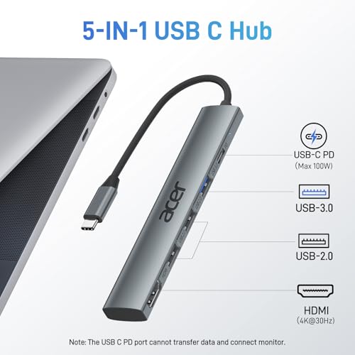 Acer 5 in 1 USB Type C Hub ODK4C0 with HDMI, 100W Power Delivery, 5 Ports