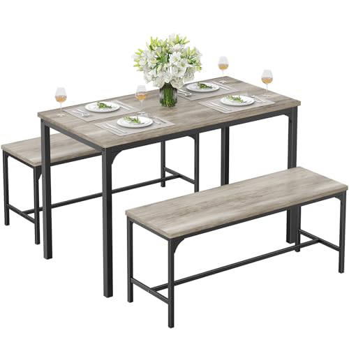 DUMOS 3PCS DUZYT Dining Table Set for 4 with Bench, Grey