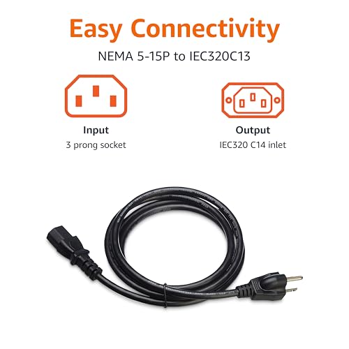 Amazon Basics 6 Feet Power Cord Model L6LAC003-DT-R 125 Volts 18 AWG 3 Prong Black