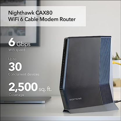 NETGEAR CAX80-100NAS WiFi 6 Cable Modem Router - Dual-Band, 6Gbps Speed, DOCSIS 3.1, Ethernet, Wi-Fi, 2500 Sq Ft Coverage