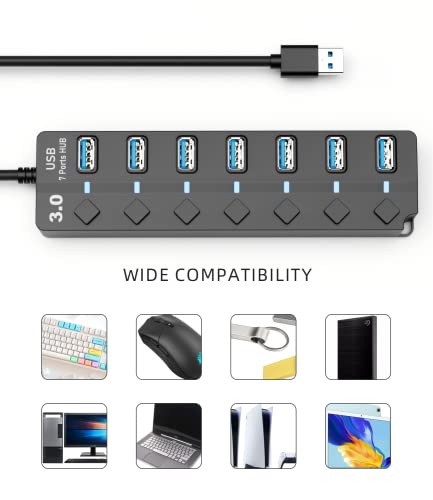 PANPEO USB 3.0 Hub 7-Port Splitter 3ft Cable for PC, PS4/5, Mobile HDD, Data Transfer Rate 5Gbps