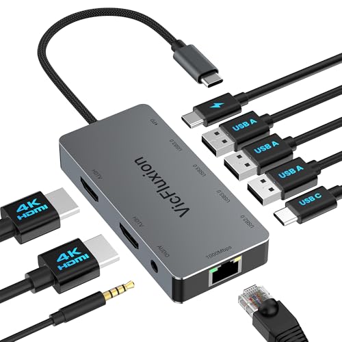 Vicfluxion 9-in-1 USB C Docking Station, 2 HDMI 4K@60Hz, 1000Mbps Ethernet, 3 USB 3.0, 1 Type C, Power Delivery, Audio Jack - Dock for Laptops, Desktops, Tablets