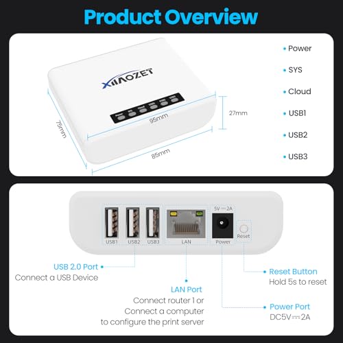 Xiiaozet 4.45 x 3.31 x 2.52 inches LK300EW Wireless USB Server Compatible with Windows Mac Linux Ethernet WiFi
