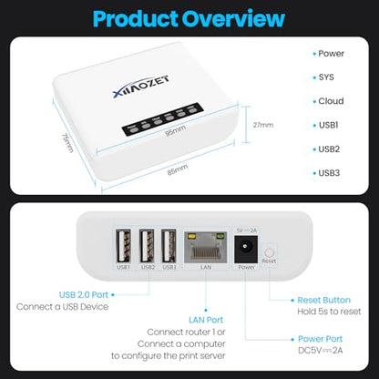 Xiiaozet 4.45 x 3.31 x 2.52 inches LK300EW Wireless USB Server Compatible with Windows Mac Linux Ethernet WiFi