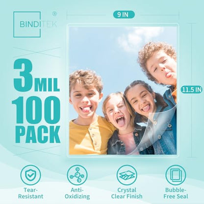 Binditek 100 Pack 9" x 11.5" 3 Mil Thermal Laminating Pouches Ultra Clear Glossy Sheets