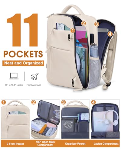 Capolo 15.6-Inch Laptop Backpack Travel Backpack Beige Soft Shell Water Resistant 25 Liters 11 Pockets