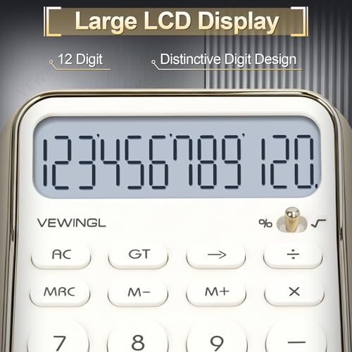 VEWINGL 12 Digit Standard Function Calculator, LCD Display, Battery Powered, Electroplated White, Model JN-900