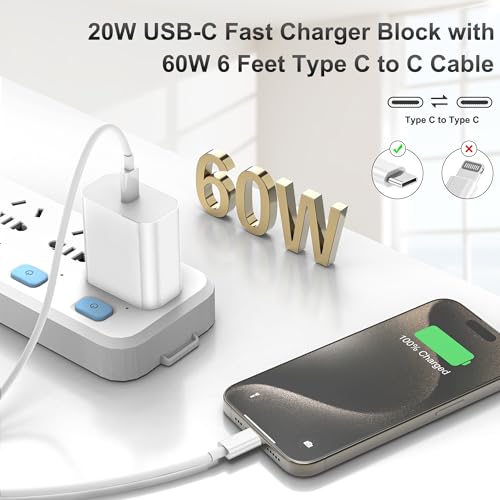 KTDRJN 3 Pack 20W USB C Fast Wall Chargers, Model A02012, Rated 15 Watts, Equipped with 6ft USB C to C Cables