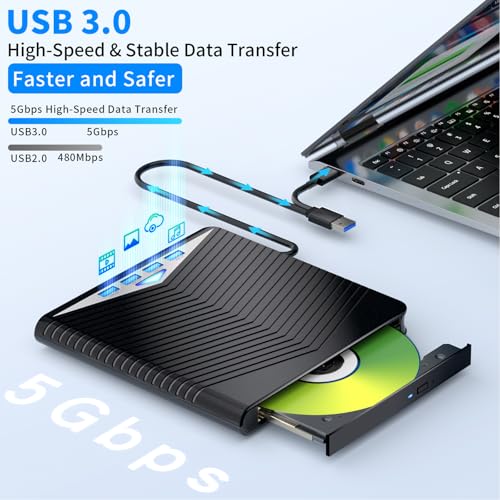 Dainty External Blu-ray Drive 7-in-1 USB 3.0 Type-C Compatible for BD/DVD/CD Read/Write Windows 7-11 Mac OS Black
