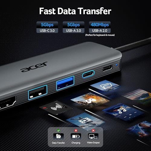 Acer 5-in-1 ODK5U0 USB-C Hub, 4K@60Hz Output, 100W Power Delivery, USB 3.0, Aluminum