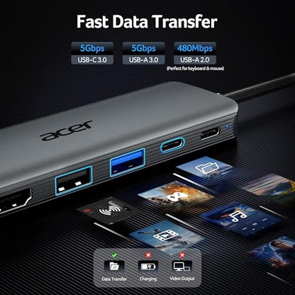 Acer 5-in-1 ODK5U0 USB-C Hub, 4K@60Hz Output, 100W Power Delivery, USB 3.0, Aluminum