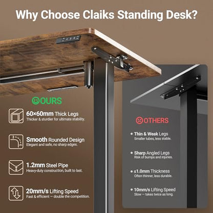 Claiks 48" P1.01.001 Electric Height Adjustable Desk, Rectangular, 3 Height Positions, Black Frame/Rustic Brown Top