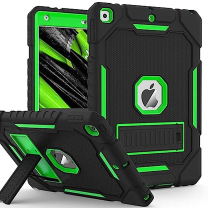 ZoneFoker Case for iPad (9th Gen 2021 / 8th Gen 2020 / 7th Gen 2019) 10.2 inch, Heavy Duty Protection Case with Built-in Kickstand, Black+Green