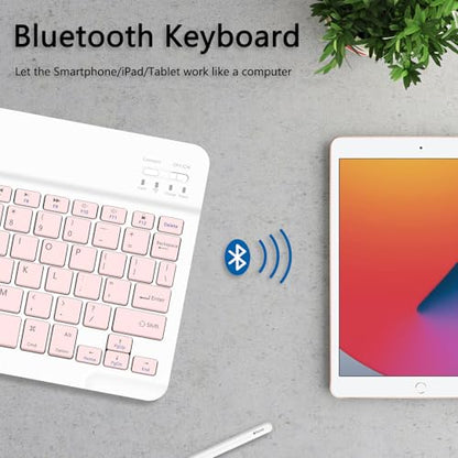 TopPerfekt Adjustable Wireless Tablet Keyboard with Stand, Bluetooth, QWERTY Layout, Pink