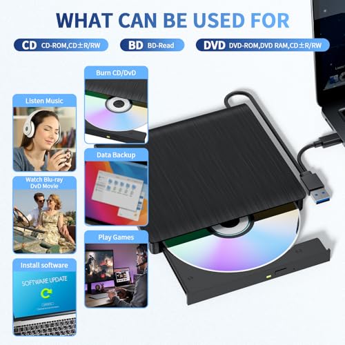 LLMHHKYK Portable External Blu-ray Drive XD021-1 USB 3.0 Type A & C Black