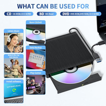 LLMHHKYK Portable External Blu-ray Drive XD021-1 USB 3.0 Type A & C Black
