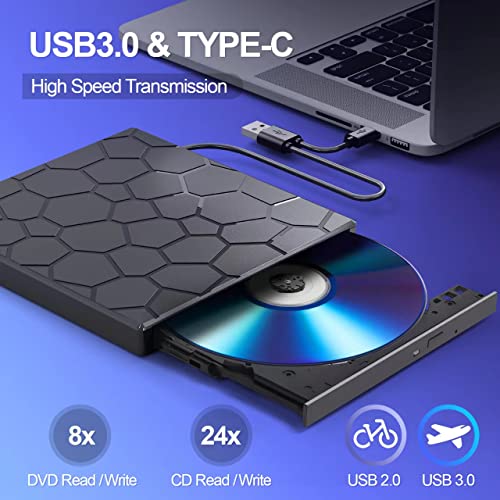 BPAKDU 6.56" Slim Portable External CD/DVD Drive Model B31-G - USB 3.0 - Black