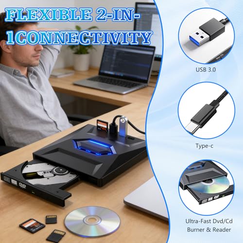 Linyuant External Blu-ray Drive BD/DVD/CD Optical Writer USB-A/USB-C