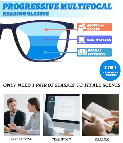 Hubeye 55mm Plastic Frame Photochromic Progressives UV400 Navy Blue Reading Glasses