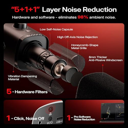 MAONO PD100W Wireless Dynamic Microphone USB Type-A & Type-C Connectivity 82dB Signal-to-Noise Ratio Unidirectional